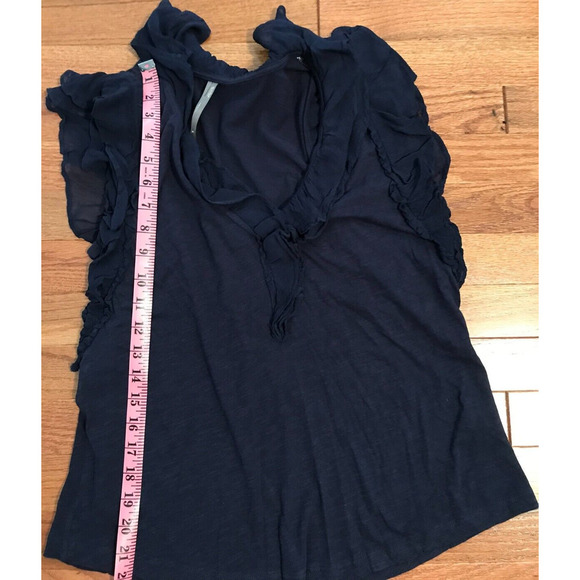 By Anthropologie Short-Sleeve Navy Ruffled V-Neck Blouse - Size Medium - Picture 6 of 7
